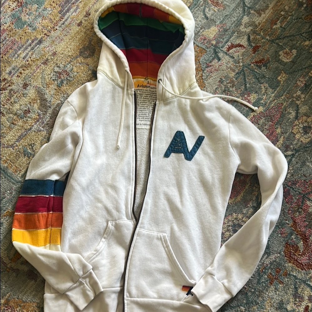 Aviator Nation Zip up 
White Hoodie with Rainbow Stripes
